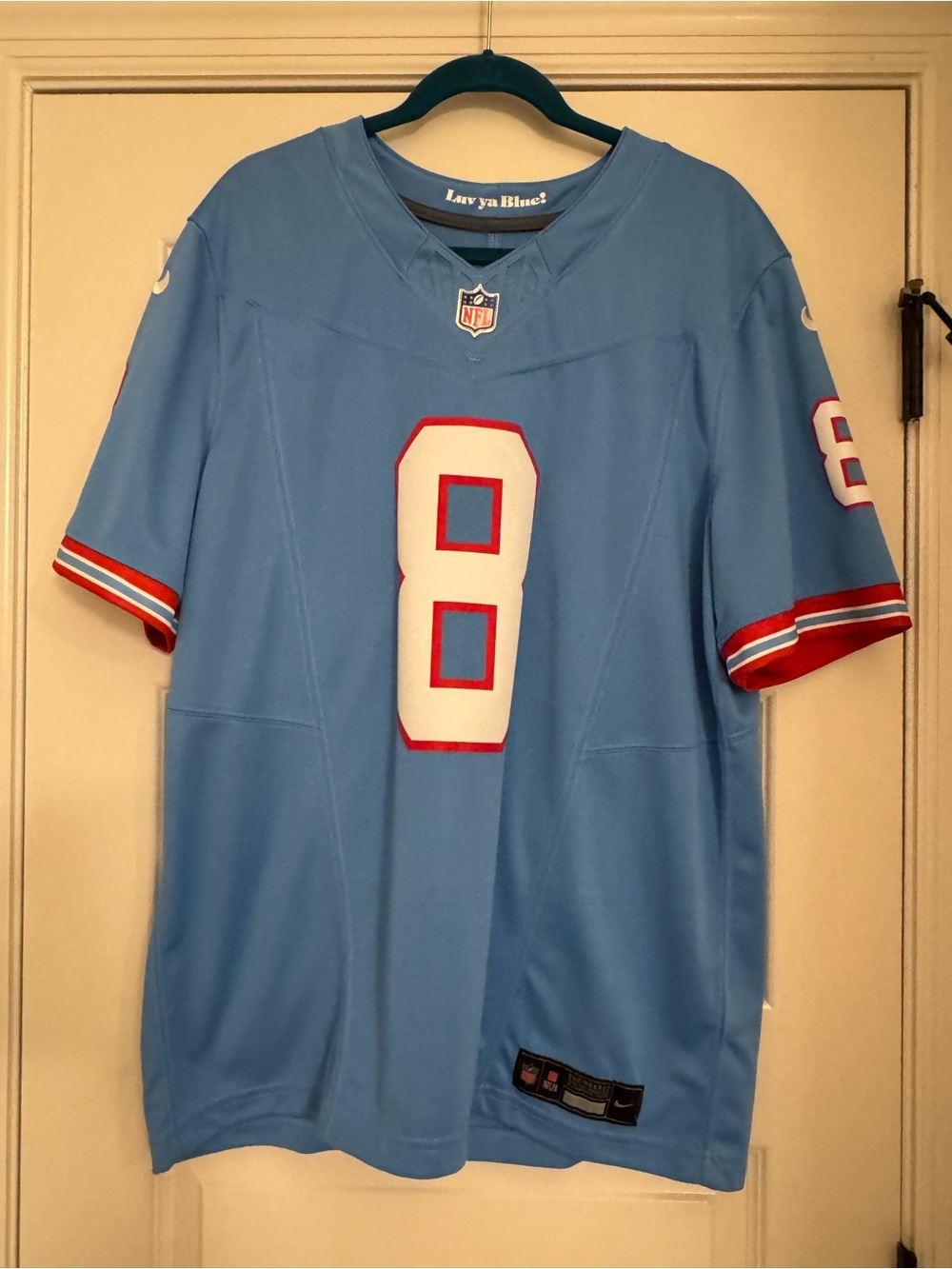 NFL Men’s Tennessee Titans #8 Football Jersey with White & Red Accents Nike